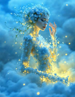 The primary subject of the image is a woman with a flower crown on her head, standing in a cloudy blue sky. The setting is a dreamy, ethereal environment, with the woman surrounded by clouds and a blue sky. The visual style is a digital art or illustration, with the woman's outfit and the cloudy sky being the main focus of the image. The colors and mood are predominantly blue and white, creating a serene and peaceful atmosphere.